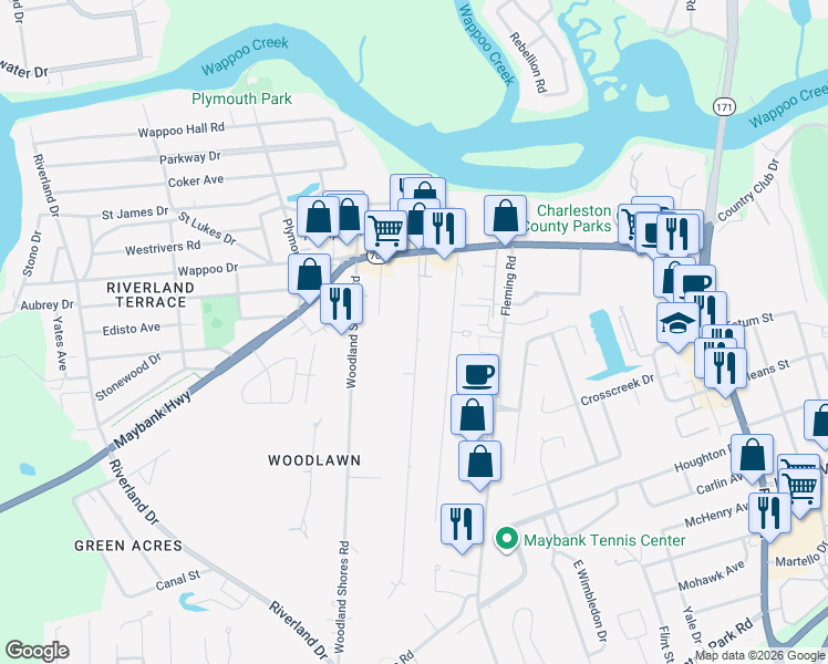 map of restaurants, bars, coffee shops, grocery stores, and more near 250 Stefan Street in Charleston