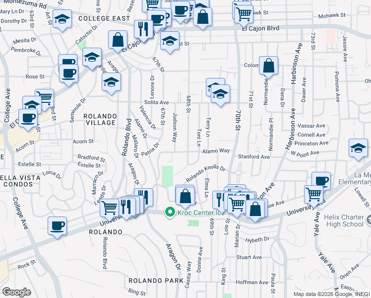 map of restaurants, bars, coffee shops, grocery stores, and more near 6784 Alamo Way in La Mesa