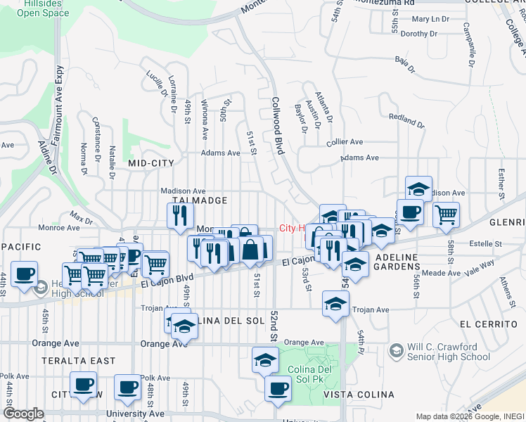 map of restaurants, bars, coffee shops, grocery stores, and more near 4562 52nd Street in San Diego