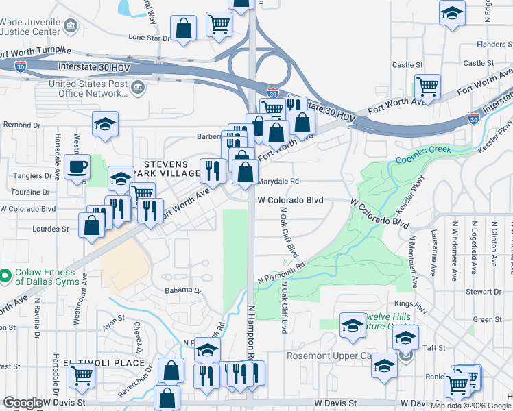 map of restaurants, bars, coffee shops, grocery stores, and more near 2032 West Colorado Boulevard in Dallas