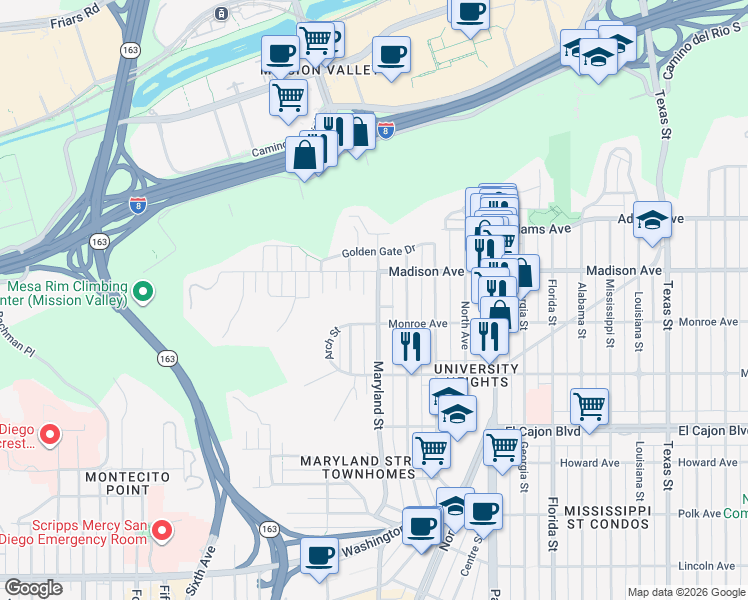 map of restaurants, bars, coffee shops, grocery stores, and more near 4544 Maryland Street in San Diego