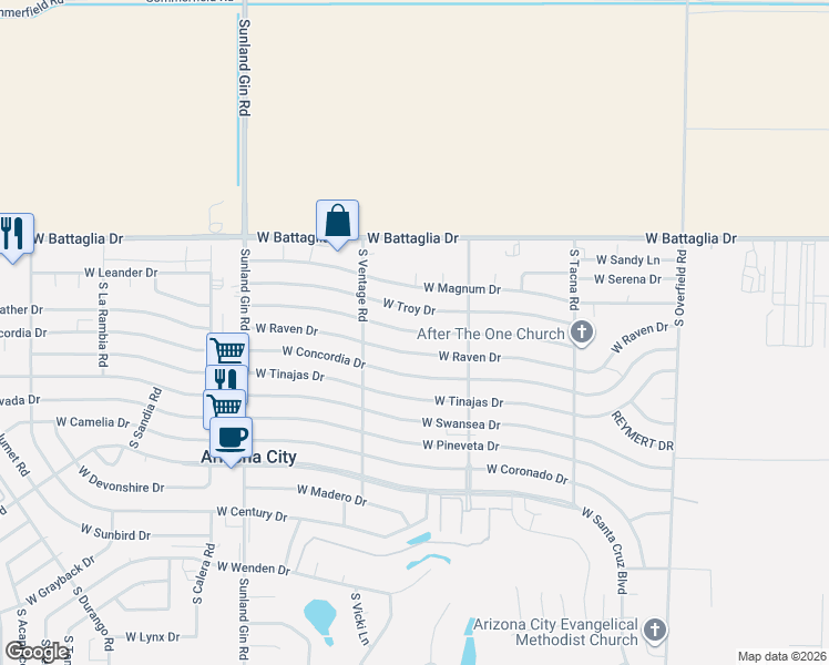 map of restaurants, bars, coffee shops, grocery stores, and more near 8998 West Oneida Drive in Arizona City