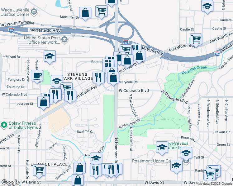 map of restaurants, bars, coffee shops, grocery stores, and more near 1164 North Hampton Road in Dallas