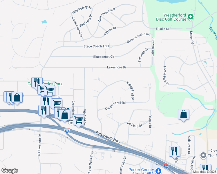 map of restaurants, bars, coffee shops, grocery stores, and more near 605 Valley Trail Drive in Weatherford