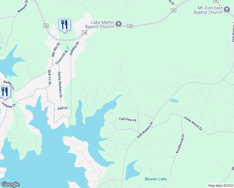 map of restaurants, bars, coffee shops, grocery stores, and more near 553 Beach Island Trace in Dadeville
