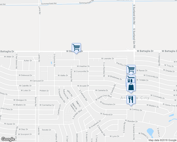 map of restaurants, bars, coffee shops, grocery stores, and more near 10424 West Concordia Drive in Arizona City