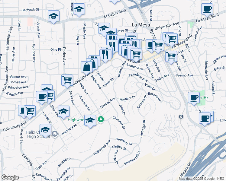 map of restaurants, bars, coffee shops, grocery stores, and more near 7924 Normal Avenue in La Mesa