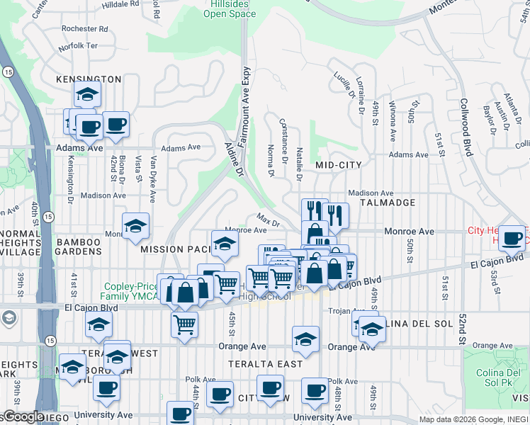 map of restaurants, bars, coffee shops, grocery stores, and more near 4540 Max Drive in San Diego