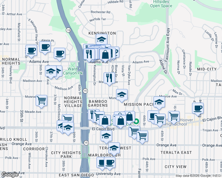 map of restaurants, bars, coffee shops, grocery stores, and more near 4545 Edgeware Road in San Diego