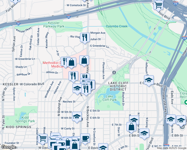 map of restaurants, bars, coffee shops, grocery stores, and more near 1329 Englewood Road in Dallas