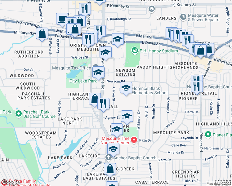 map of restaurants, bars, coffee shops, grocery stores, and more near 708 Carver Street in Mesquite