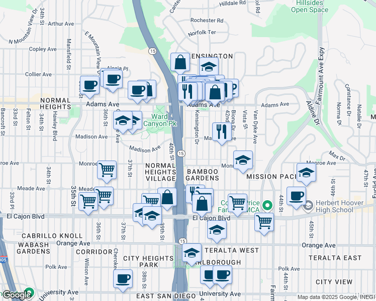 map of restaurants, bars, coffee shops, grocery stores, and more near 4547 Terrace Drive in San Diego