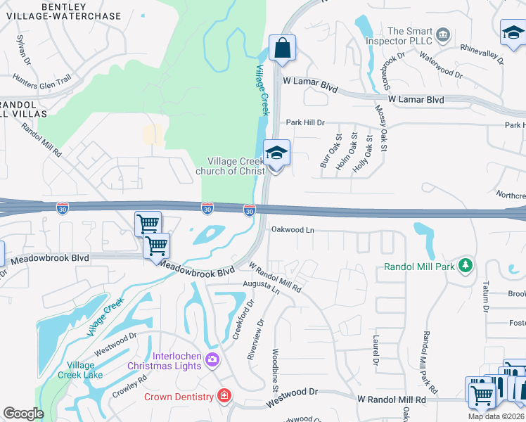 map of restaurants, bars, coffee shops, grocery stores, and more near Tom Landry Freeway in Arlington