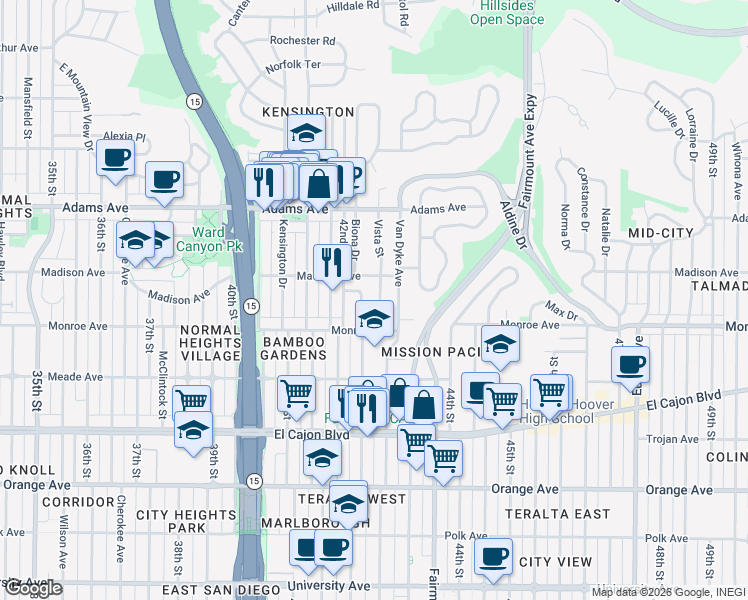 map of restaurants, bars, coffee shops, grocery stores, and more near 4560 Vista Street in San Diego