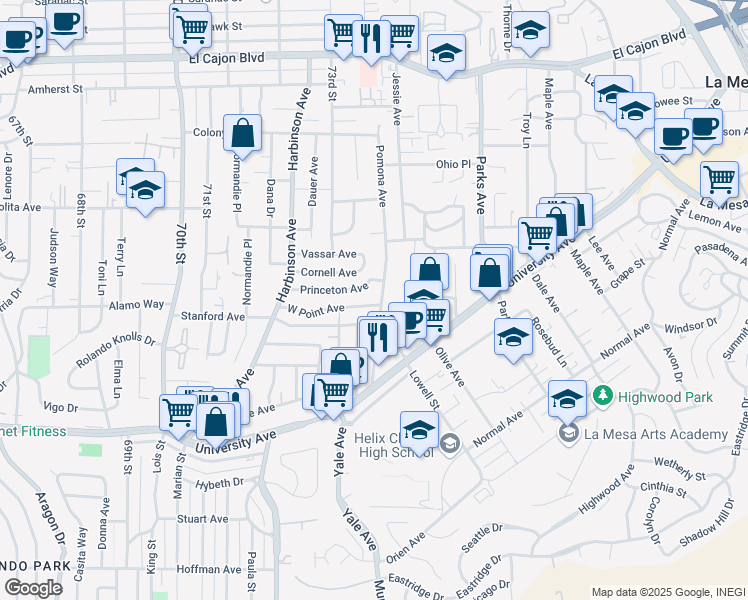map of restaurants, bars, coffee shops, grocery stores, and more near 7384 West Point Avenue in La Mesa