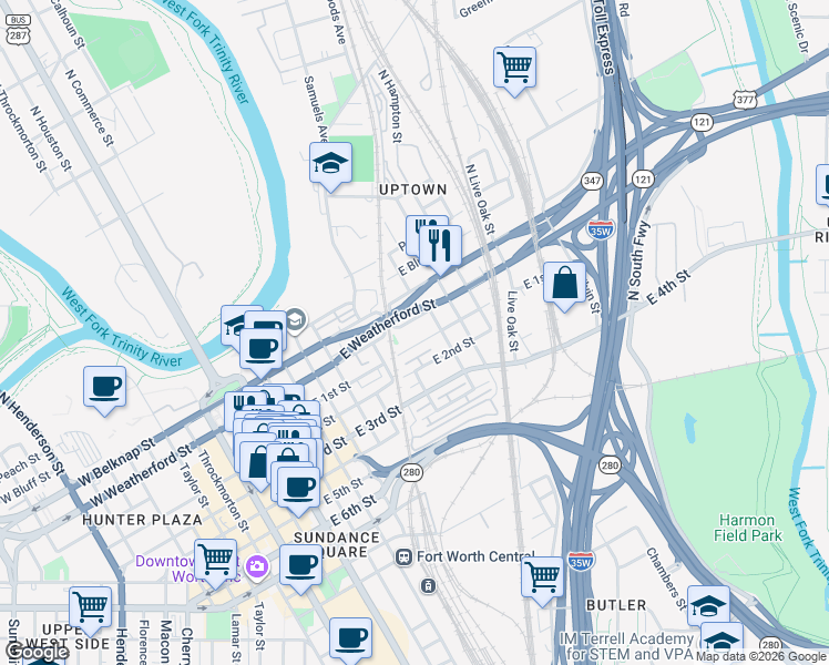 map of restaurants, bars, coffee shops, grocery stores, and more near 904 East Weatherford Street in Fort Worth