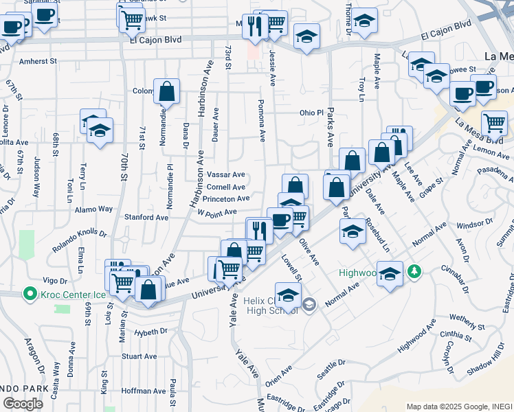 map of restaurants, bars, coffee shops, grocery stores, and more near 7384 West Point Avenue in La Mesa