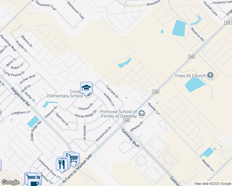 map of restaurants, bars, coffee shops, grocery stores, and more near 526 Tuscany Drive in Forney