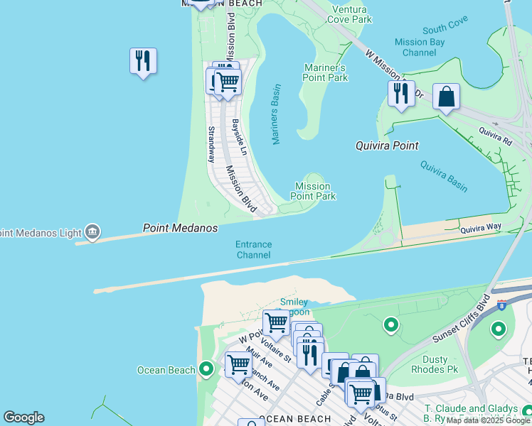 map of restaurants, bars, coffee shops, grocery stores, and more near 2613 Mission Boulevard in San Diego