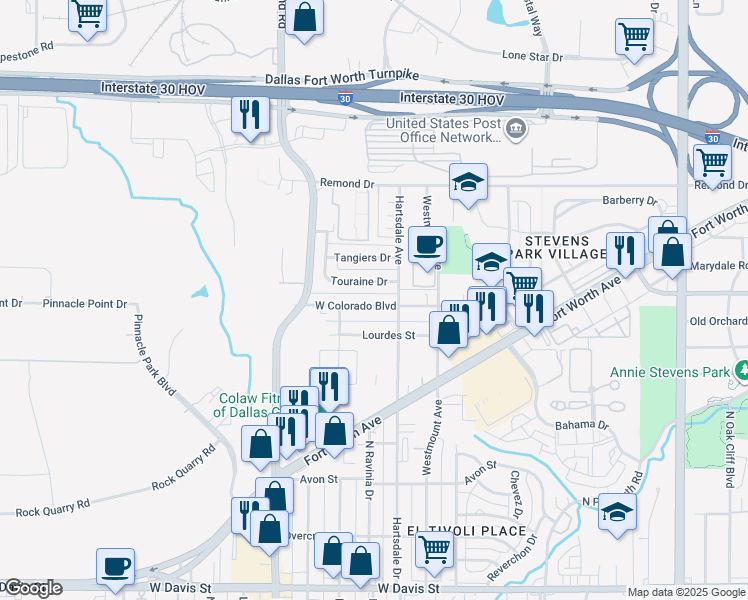 map of restaurants, bars, coffee shops, grocery stores, and more near 2923 West Colorado Boulevard in Dallas