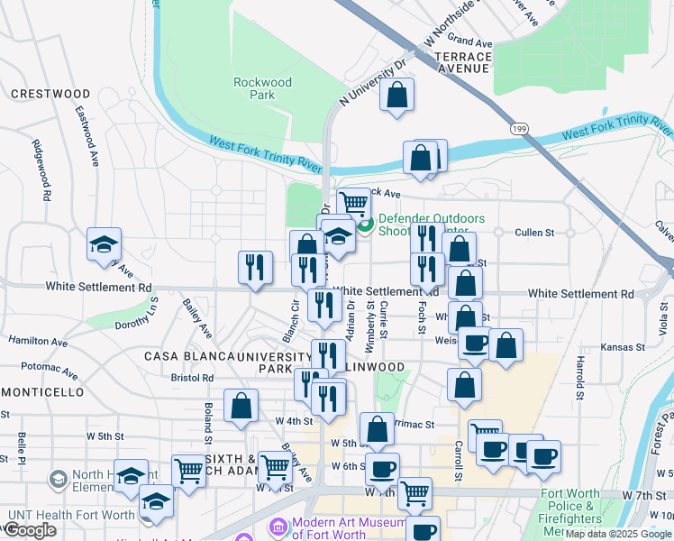 map of restaurants, bars, coffee shops, grocery stores, and more near 100 North University Drive in Fort Worth