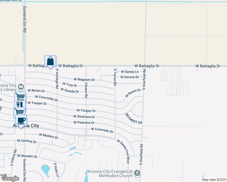 map of restaurants, bars, coffee shops, grocery stores, and more near 8439 West Troy Drive in Arizona City