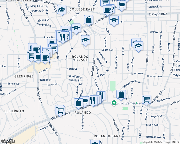 map of restaurants, bars, coffee shops, grocery stores, and more near 4525 Aragon Drive in San Diego