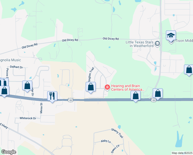 map of restaurants, bars, coffee shops, grocery stores, and more near 230 Whitestone Way in Weatherford