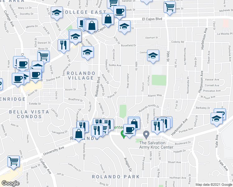 map of restaurants, bars, coffee shops, grocery stores, and more near 4525 Patria Drive in San Diego