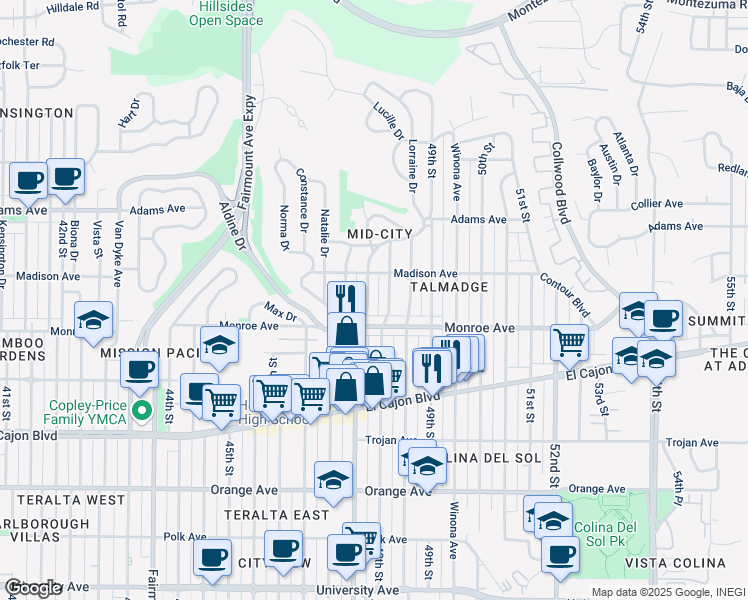 map of restaurants, bars, coffee shops, grocery stores, and more near 4551 Euclid Avenue in San Diego