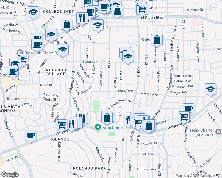 map of restaurants, bars, coffee shops, grocery stores, and more near 4515 68th Street in La Mesa