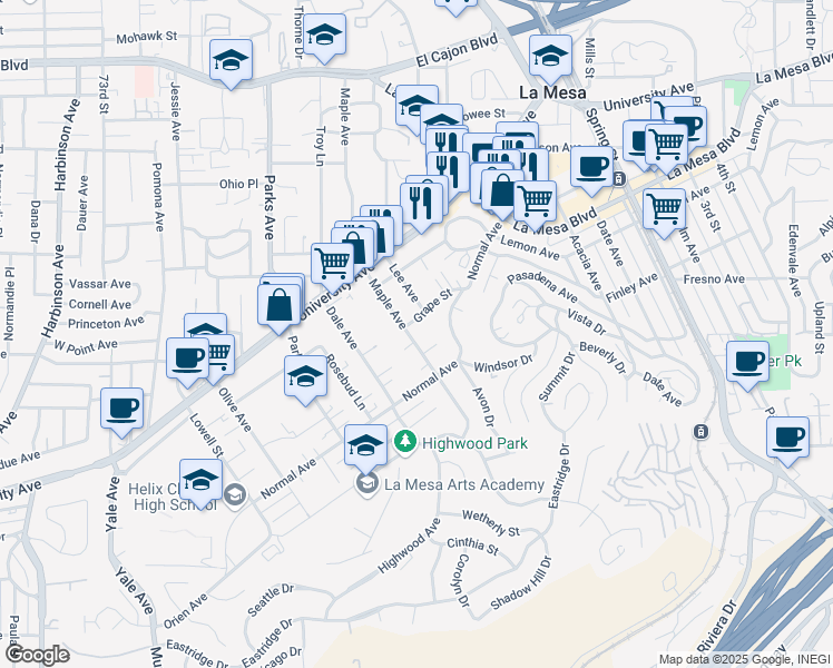 map of restaurants, bars, coffee shops, grocery stores, and more near 4473 Maple Avenue in La Mesa