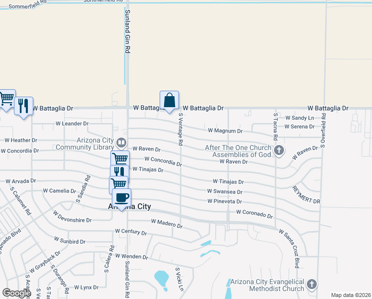 map of restaurants, bars, coffee shops, grocery stores, and more near 9143 West Oneida Drive in Arizona City