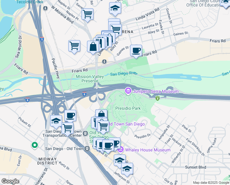 map of restaurants, bars, coffee shops, grocery stores, and more near 2752 Presidio Drive in San Diego