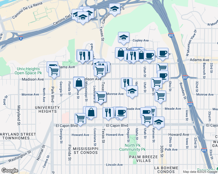 map of restaurants, bars, coffee shops, grocery stores, and more near 4542-46 Arizona Street in San Diego
