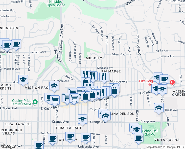map of restaurants, bars, coffee shops, grocery stores, and more near 4551 Euclid Avenue in San Diego