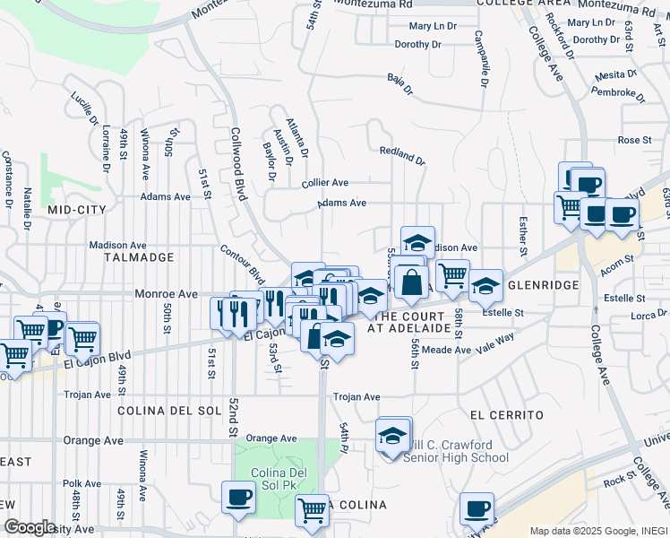 map of restaurants, bars, coffee shops, grocery stores, and more near 4533 54th Street in San Diego