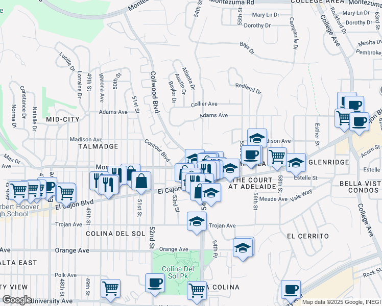 map of restaurants, bars, coffee shops, grocery stores, and more near in San Diego