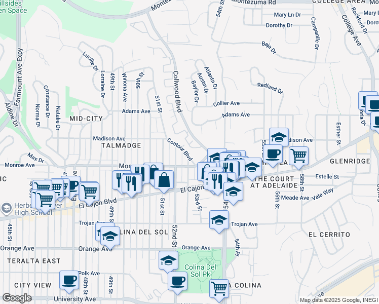 map of restaurants, bars, coffee shops, grocery stores, and more near 4545 Contour Boulevard in San Diego