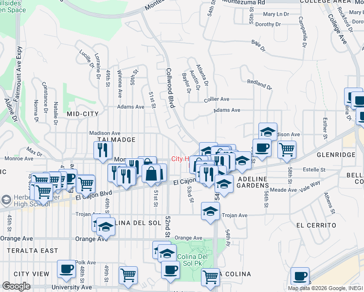 map of restaurants, bars, coffee shops, grocery stores, and more near 4545 Contour Boulevard in San Diego