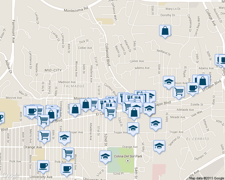 map of restaurants, bars, coffee shops, grocery stores, and more near 4545 Contour Boulevard in San Diego