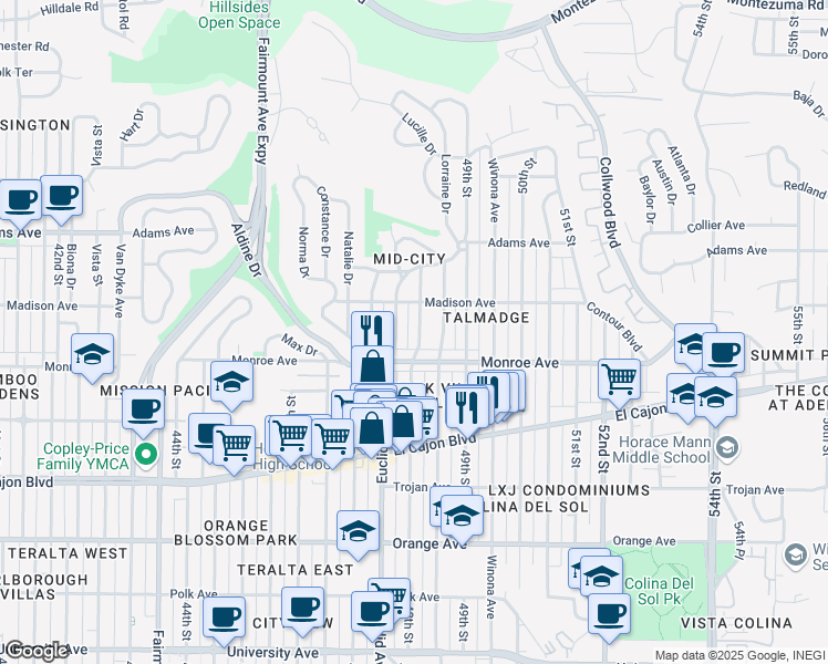 map of restaurants, bars, coffee shops, grocery stores, and more near 4551 Euclid Avenue in San Diego
