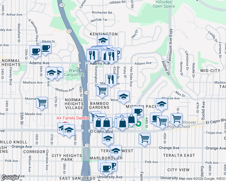map of restaurants, bars, coffee shops, grocery stores, and more near 4545 Edgeware Road in San Diego