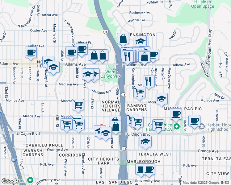 map of restaurants, bars, coffee shops, grocery stores, and more near 4544 40th Street in San Diego