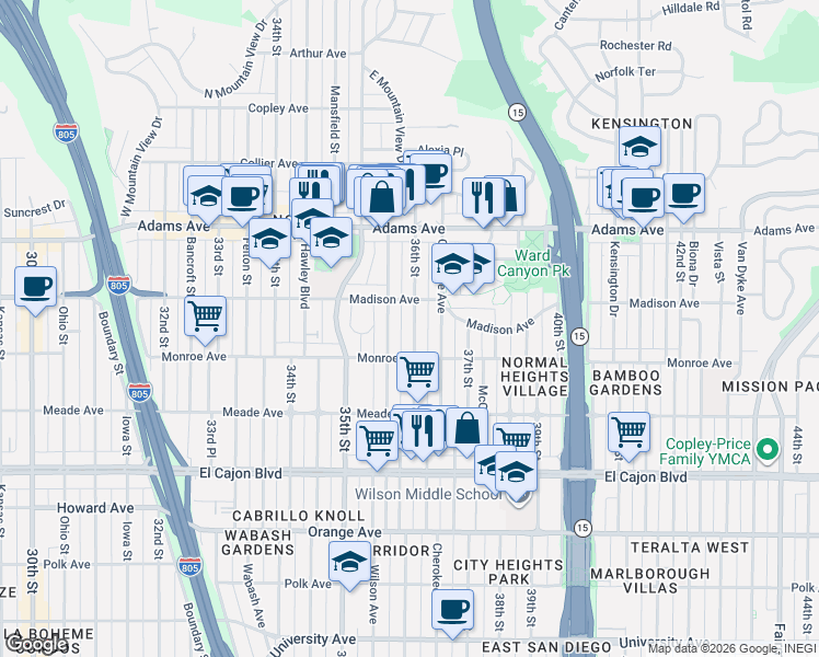 map of restaurants, bars, coffee shops, grocery stores, and more near 4546 36th Street in San Diego