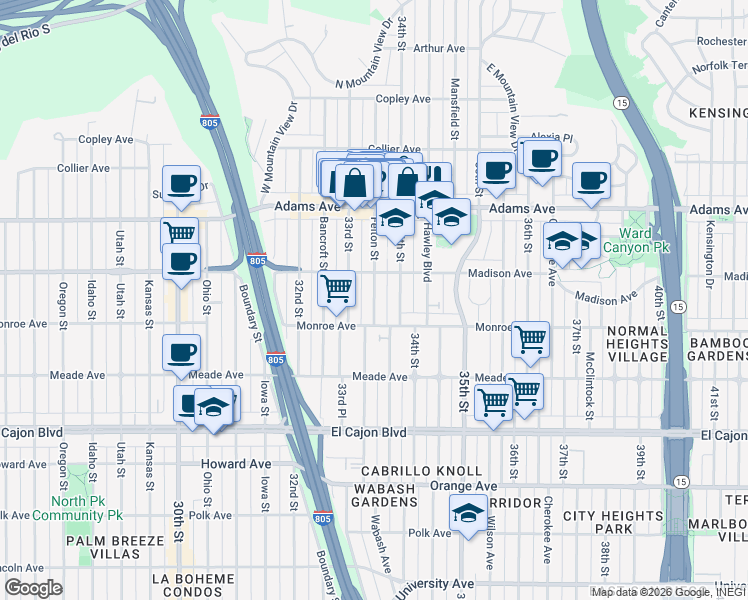 map of restaurants, bars, coffee shops, grocery stores, and more near 4546 34th Street in San Diego