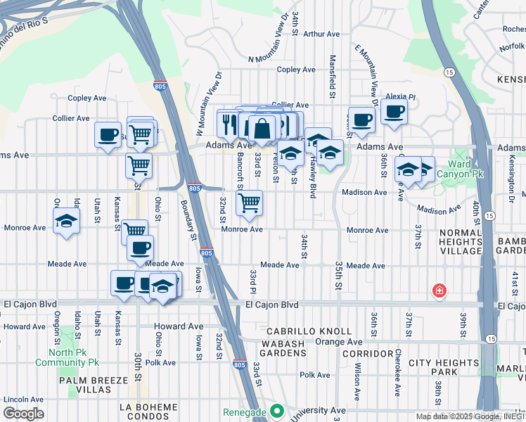 map of restaurants, bars, coffee shops, grocery stores, and more near 4550 33rd Street in San Diego