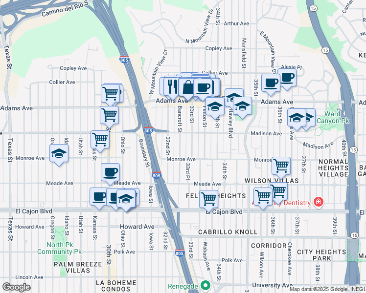 map of restaurants, bars, coffee shops, grocery stores, and more near 4550 33rd Street in San Diego