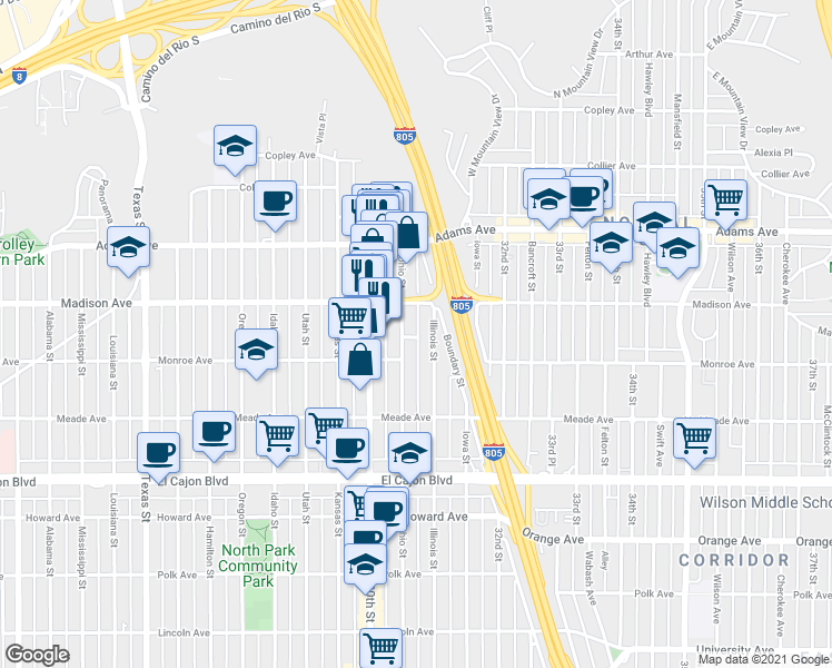 map of restaurants, bars, coffee shops, grocery stores, and more near 4544 Ohio Street in San Diego