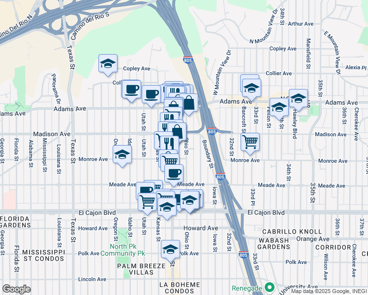 map of restaurants, bars, coffee shops, grocery stores, and more near 4544 Ohio Street in San Diego